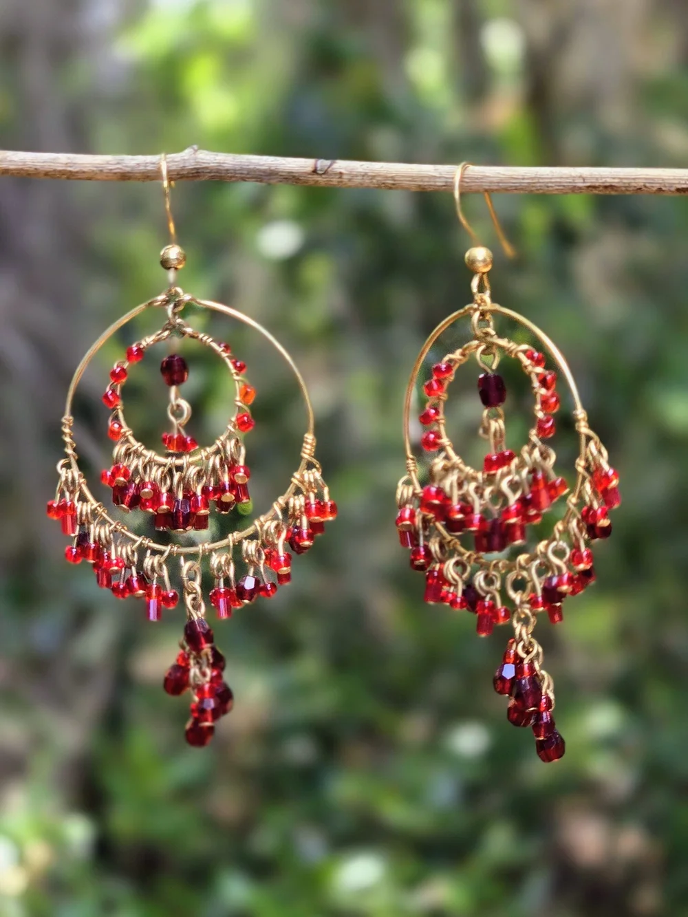 Vintage Gold Tone Hoop Chandelier Earrings with Red Beads